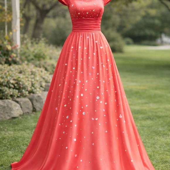 Coral Red Prom Dress Small | Sparkle Detail Skirt | Elegant Formal Gown - Picture 2 of 7